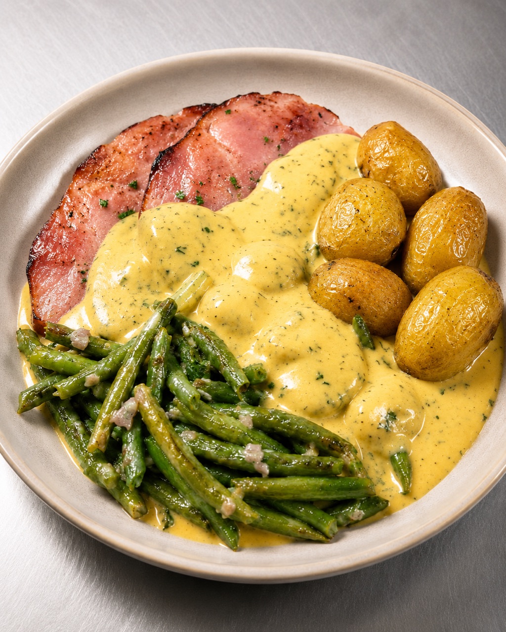 Plat traiteur maison : tranches de jambon, sauce moutarde aux herbes, pommes de terre grenaille et haricots verts