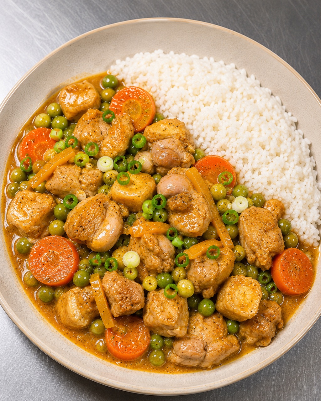 Plat traiteur maison : émincé de viande mijoté aux carottes et petits pois, servi avec du riz